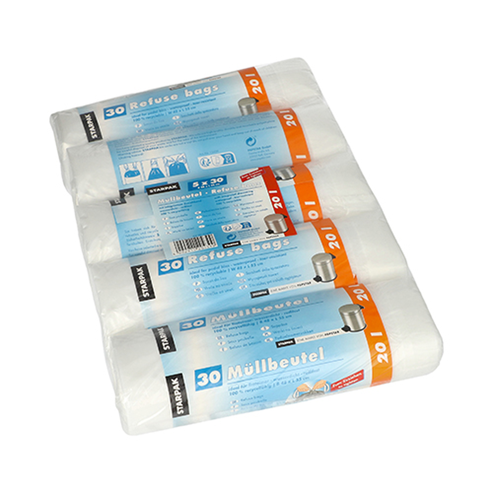 Papstar Müllbeutel mit Zugband, HDPE 20 l 55 cm x 48 cm transparent