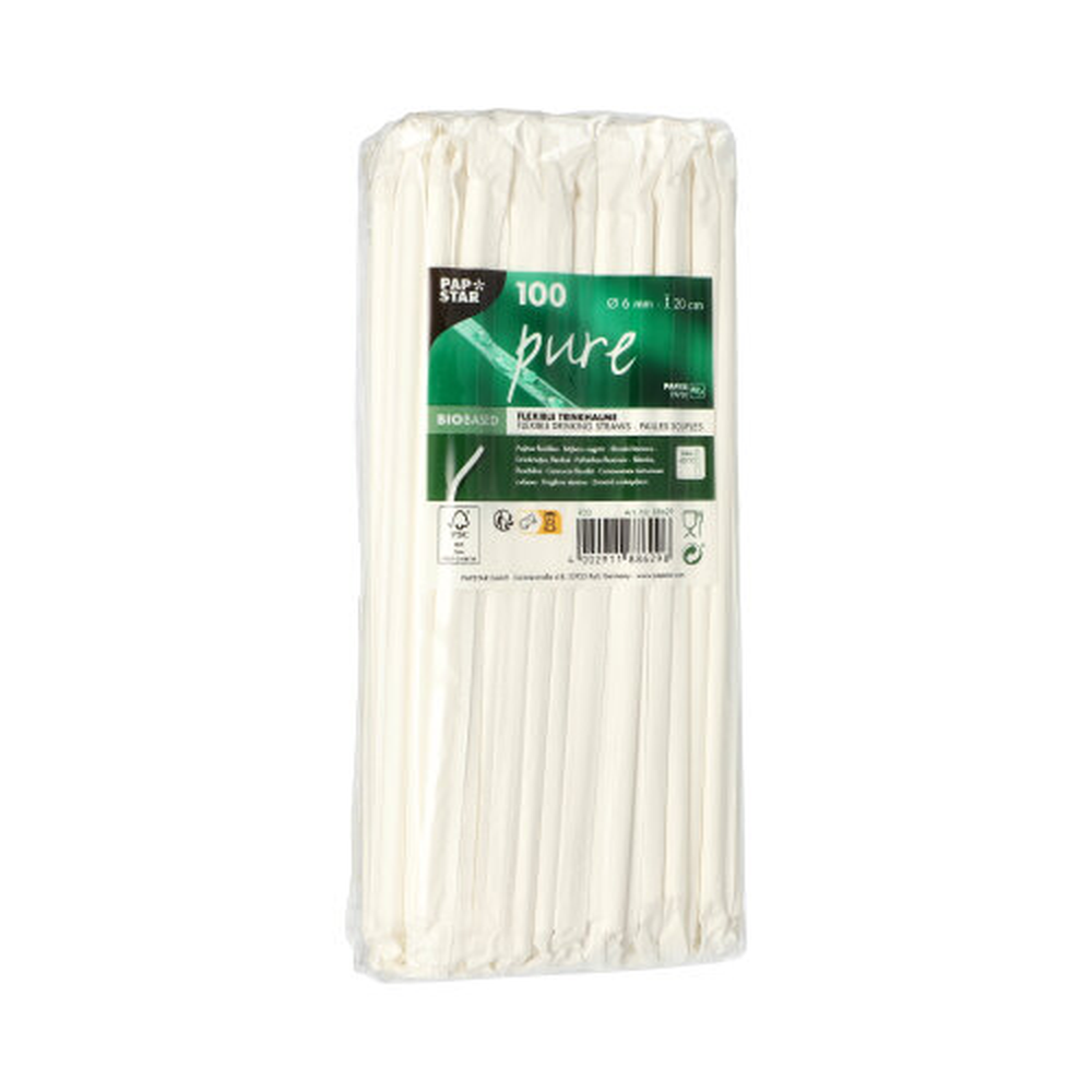 Papstar Trinkhalme, flexibel, Papier "pure" Ø 6 mm · 20 cm weiss einzeln gehüllt