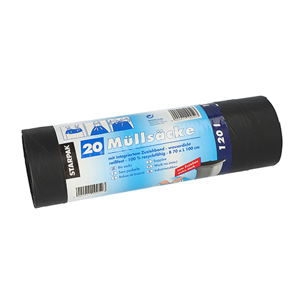 Papstar Müllsäcke mit Zugband, LDPE 120 l 100 cm x 70 cm schwarz