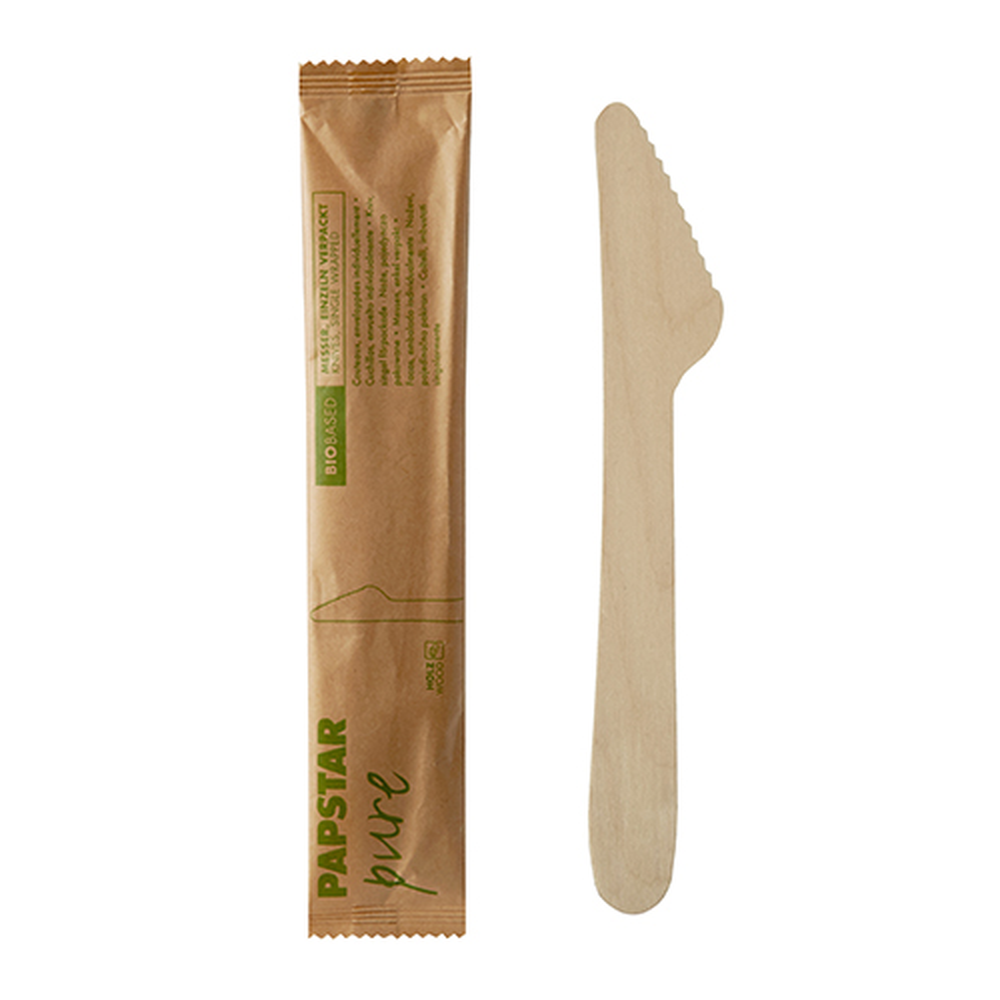 Papstar Messer, Holz "pure" 16,5 cm einzeln verpackt in Papierbeutel