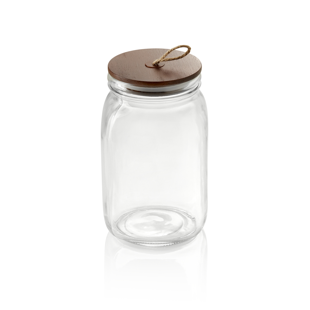 WAS Vorratsglas mit Akaziendeckel und Schnur, 1,5 ltr., Ø 9 cm, Höhe 19,5 cm, Gl
