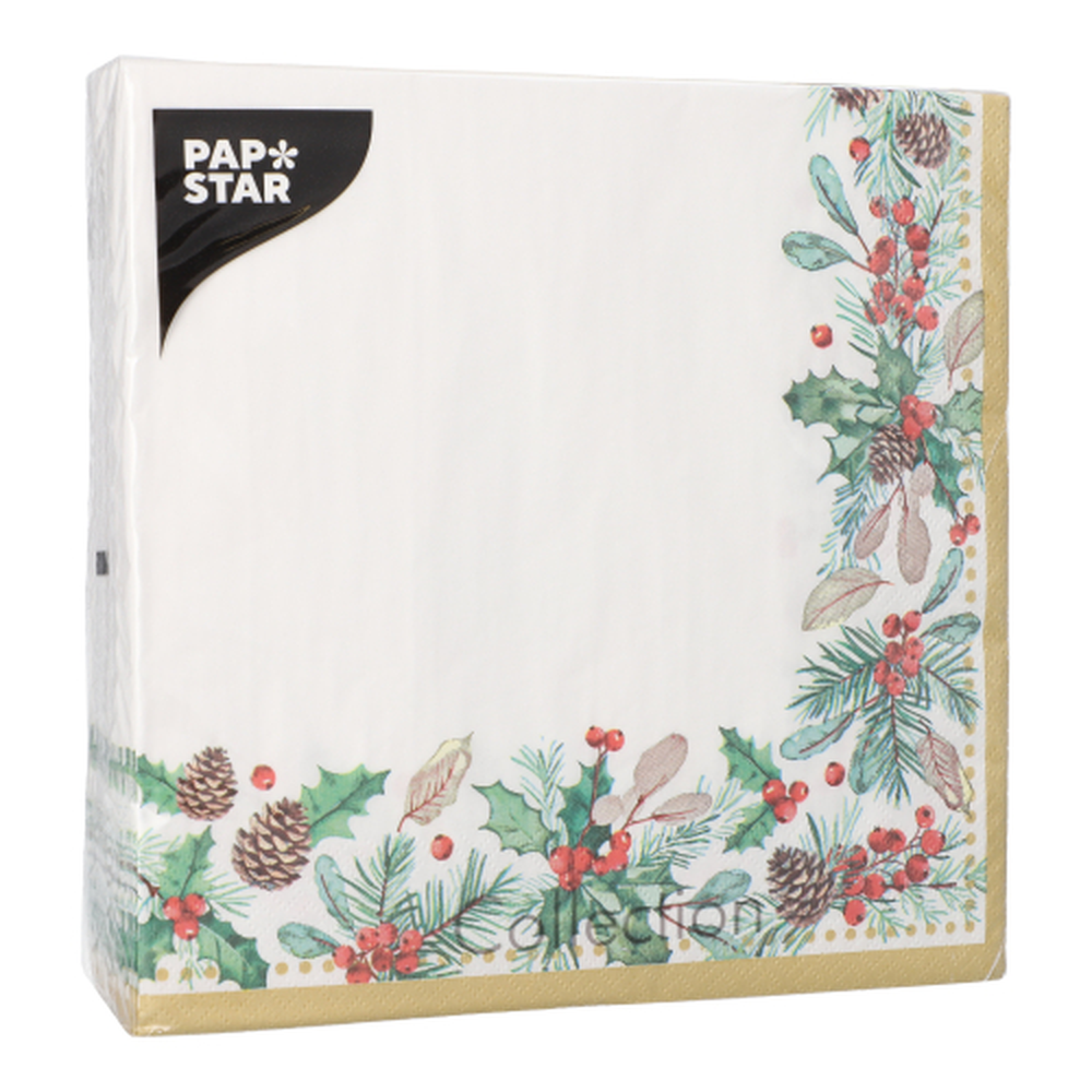 Papstar Servietten, 3-lagig 1/4-Falz 40 cm x 40 cm "Mistletoe and Pinecone"