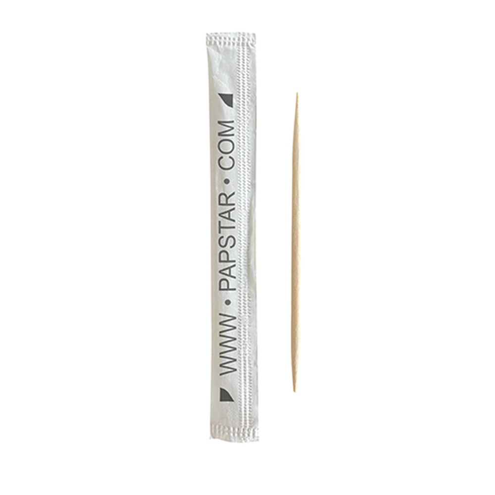 Papstar Zahnstocher, Holz gehüllt "pure" rund 6,5 cm "www.PAPSTAR.com"