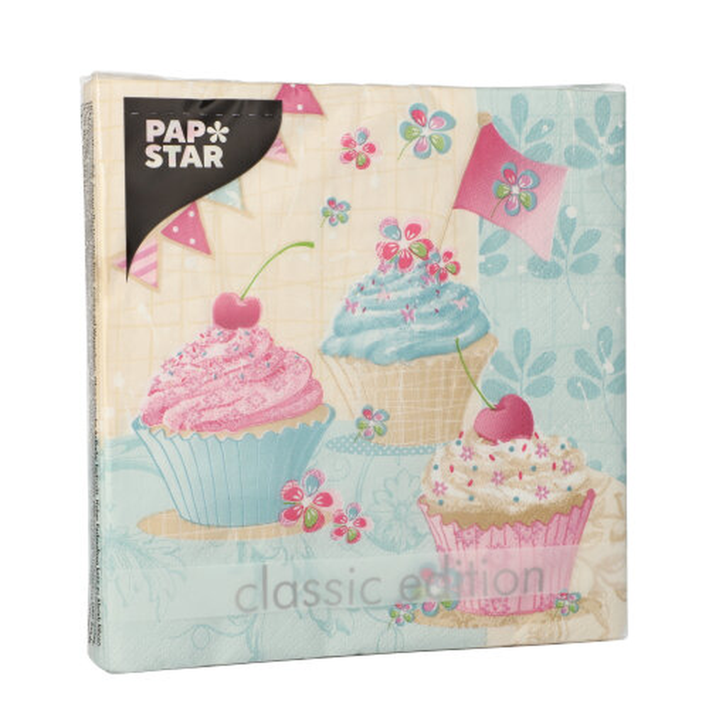 Papstar Servietten, 3-lagig 1/4-Falz 33 cm x 33 cm "Birthday Cup Cakes"