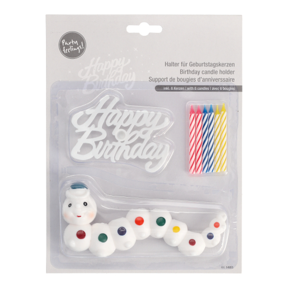 Papstar Halter für Geburtstagskerzen 6,5 cm x 15 cm "Würmli" mit 6 Kerzen