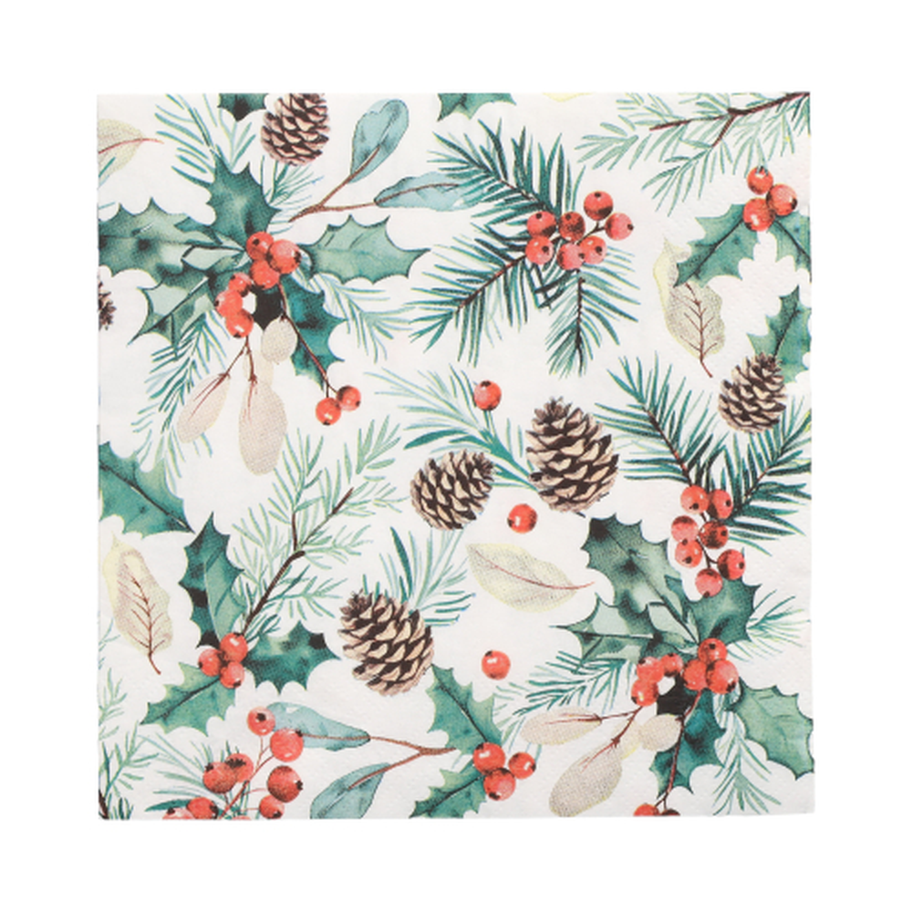 Papstar Servietten, 3-lagig 1/4-Falz 33 cm x 33 cm "Mistletoe and Pinecone"