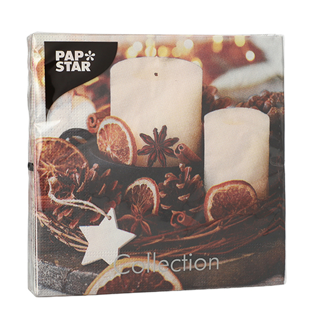 Papstar Servietten, 3-lagig 1/4-Falz 33 cm x 33 cm "Candles and Pine Cones"