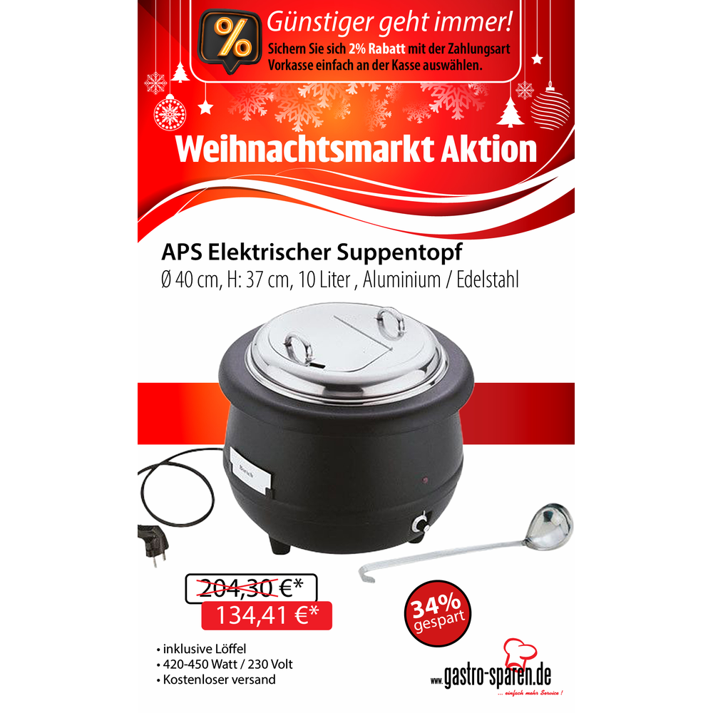 APS Elektrischer Suppentopf Ø 40 cm, H: 37 cm, 10 Liter , Aluminium / Edelstahl 