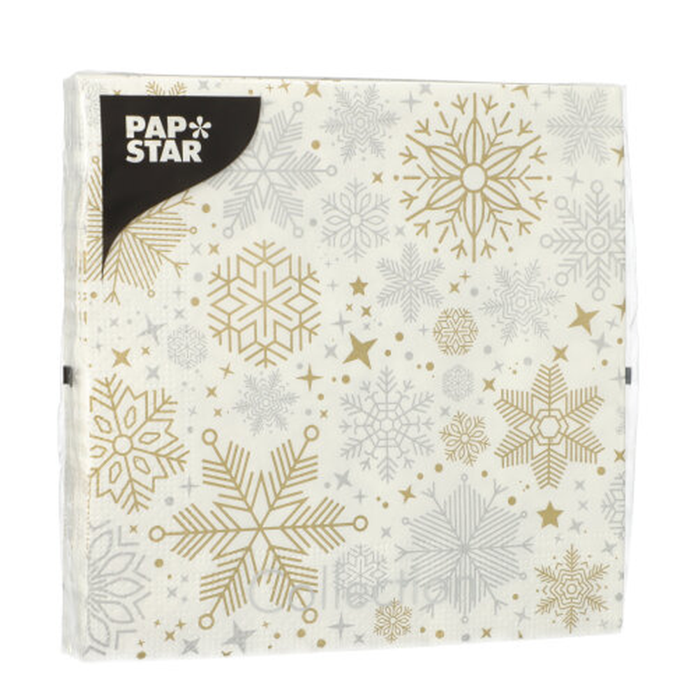 Papstar Servietten, 3-lagig 1/4-Falz 33 cm x 33 cm silber/gold "Flocons"