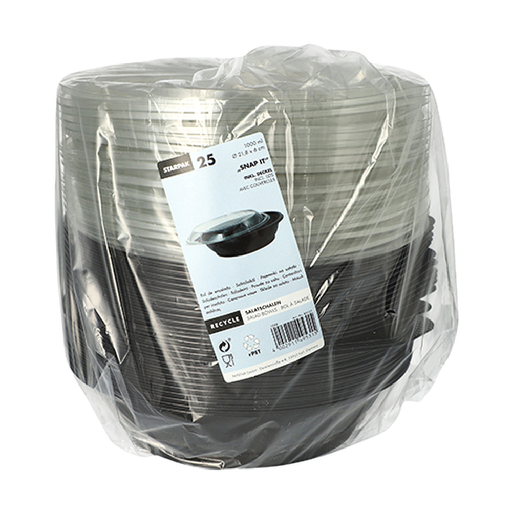 PAPSTAR Salatschalen, PET 1000 ml Ø 21,8 cm · 6 cm schwarz Snap It mit Deck