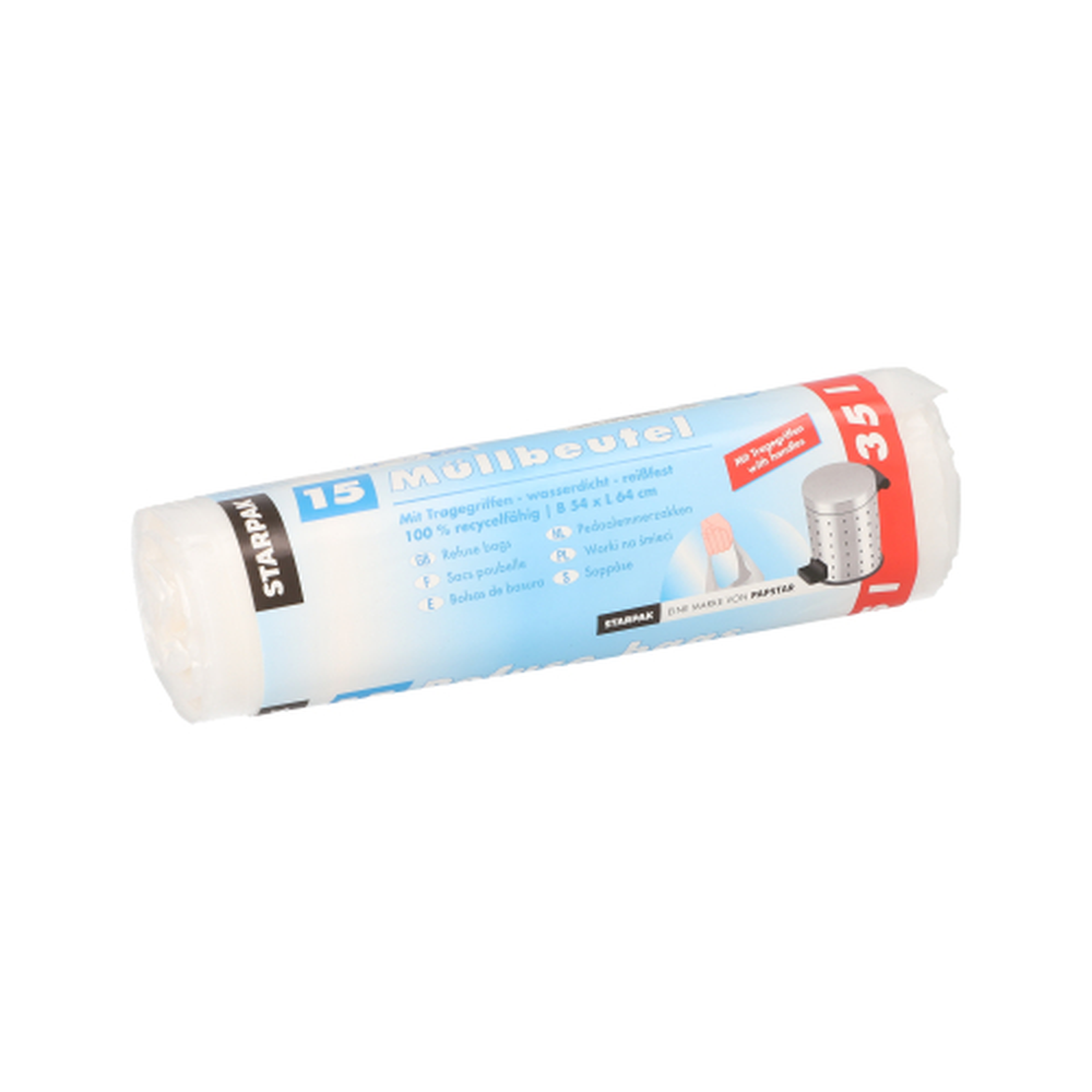 Papstar Müllbeutel mit Tragegriffen, HDPE 35 l 64 cm x 54 cm transparent