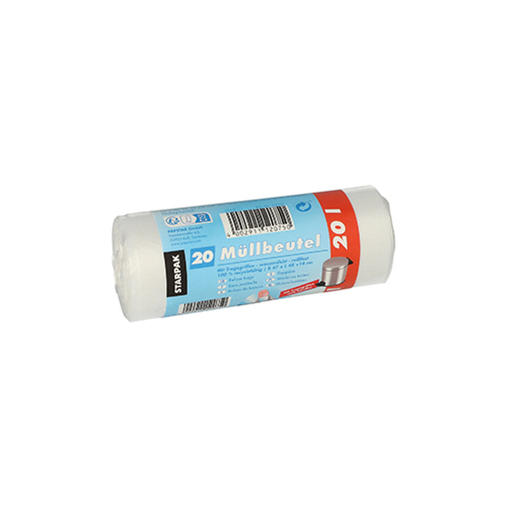 Papstar Müllbeutel mit Tragegriffen, HDPE 20 l 48 cm x 47 cm transparent