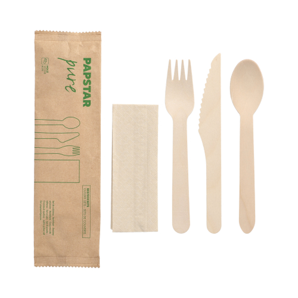 PAPSTAR Bestecksets, Holz pure : Messer, Gabel, Löffel, Serviette in Papier