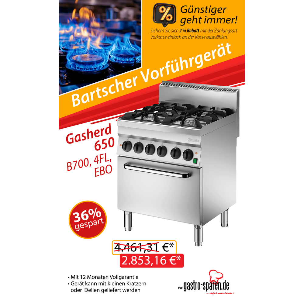 Bartscher Gasherd 4Flammen + Backofen 650, B700, Ausstellungsstück 