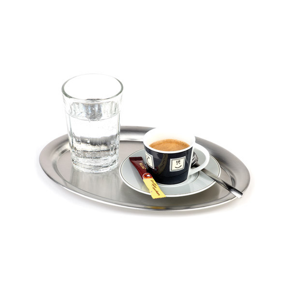 APS Serviertablett -KAFFEEHAUS- 29 x 22 cm, H: 1 cm, oval , Edelstahl, mattiert