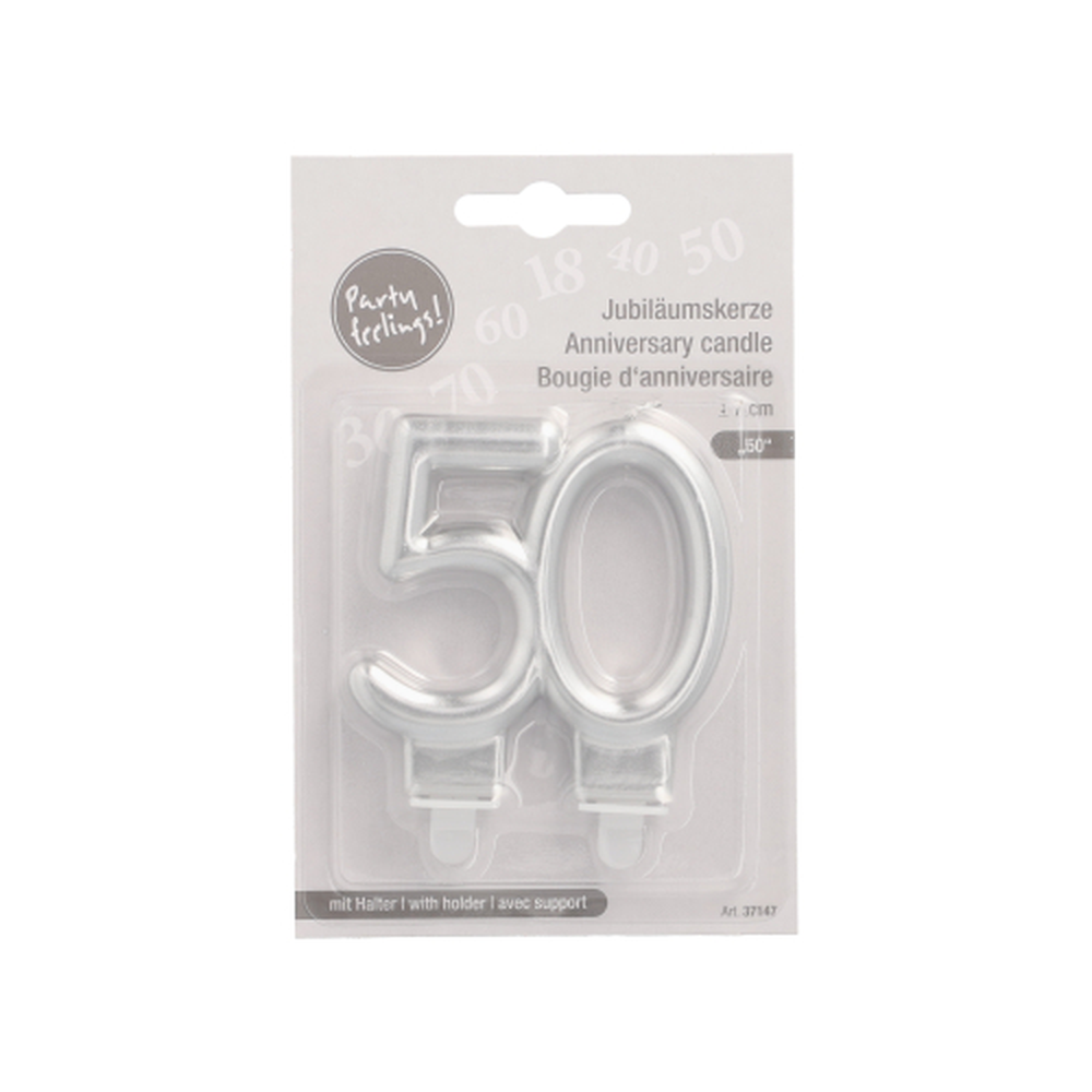 Papstar Jubiläumskerzen mit Halter 7 cm silber "50"