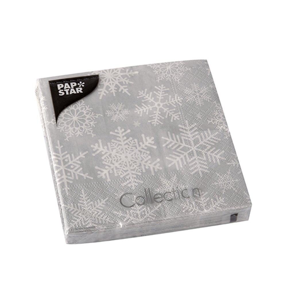 Papstar Servietten, 3-lagig 1/4-Falz 25 cm x 25 cm silber "Snöstjärnor"