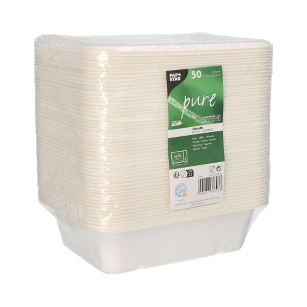 Papstar Schalen, Zuckerrohr "pure" ungeteilt 5,6 cm x 15,3 cm x 20,3 cm weiss