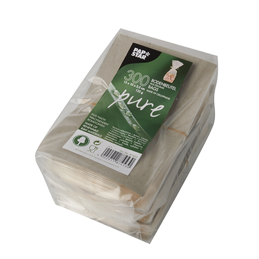 Papstar Bodenbeutel, Zellglas "pure" 15 cm x 10 cm x 3,5 cm transparent
