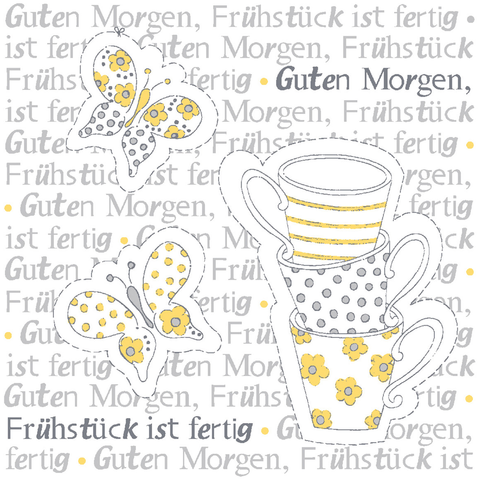Mank Serviette Frühstück ist fertig gelb-grau 33 x 33 cm 1/4 Falz