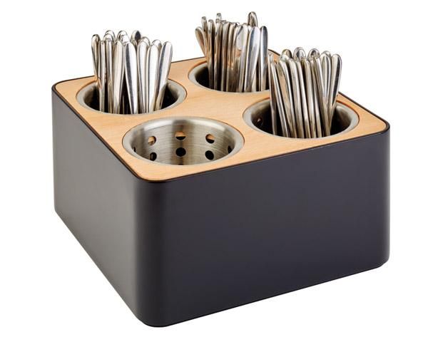 APS Besteckbehälter 27 x 27 cm, H: 15 cm , SAN, schwarz, Holz 27 x 27 cm, H: 15 