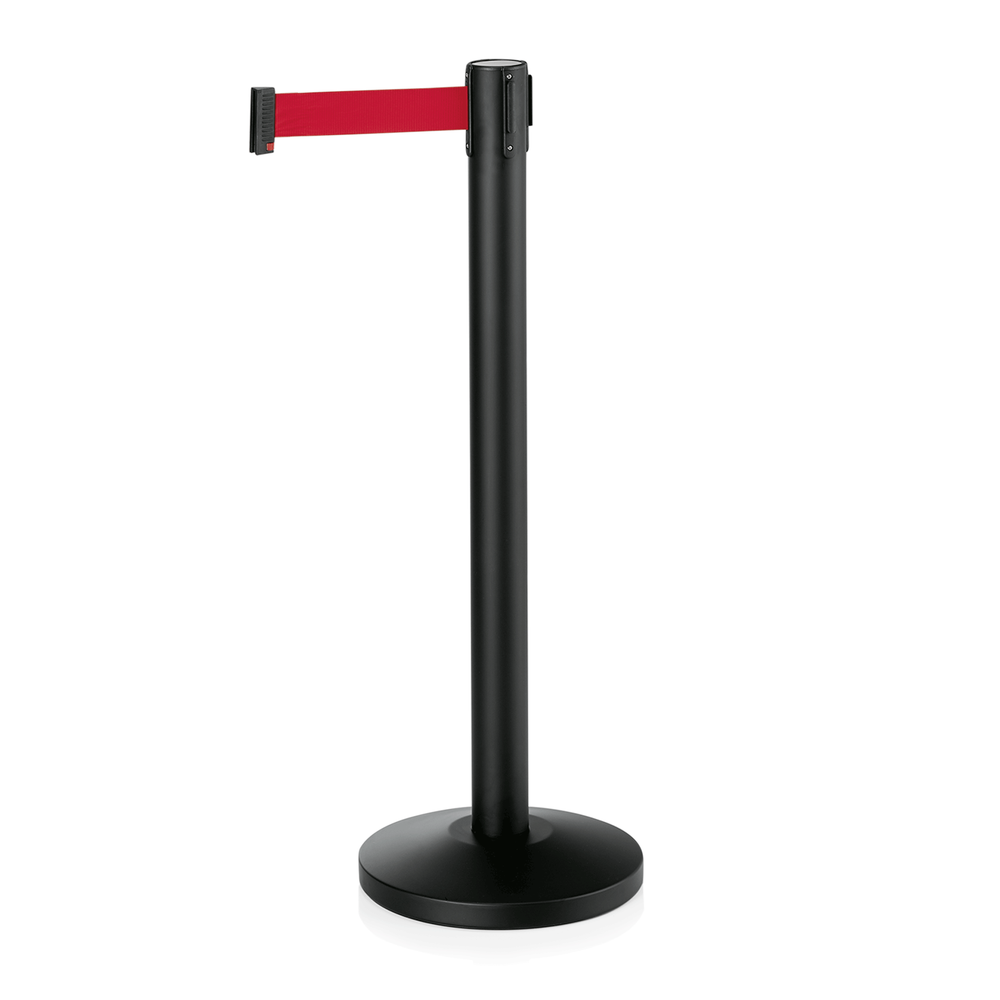 WAS Abgrenzungspfosten LIGHTFLEX, schwarz, 200 cm, rotes Gurtband, pulverbeschic