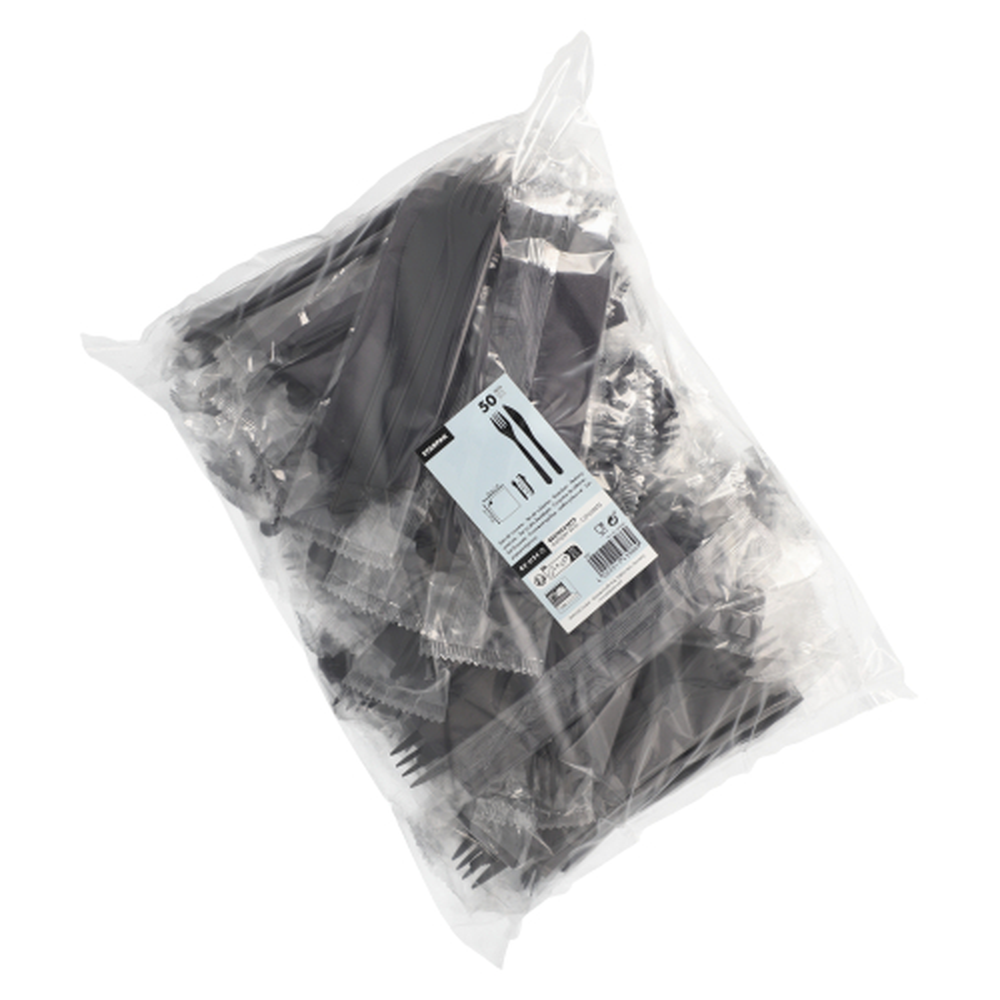 PAPSTAR Mehrweg-Bestecksets PP-MF 22 cm schwarz : Messer, Gabel, Serviette in