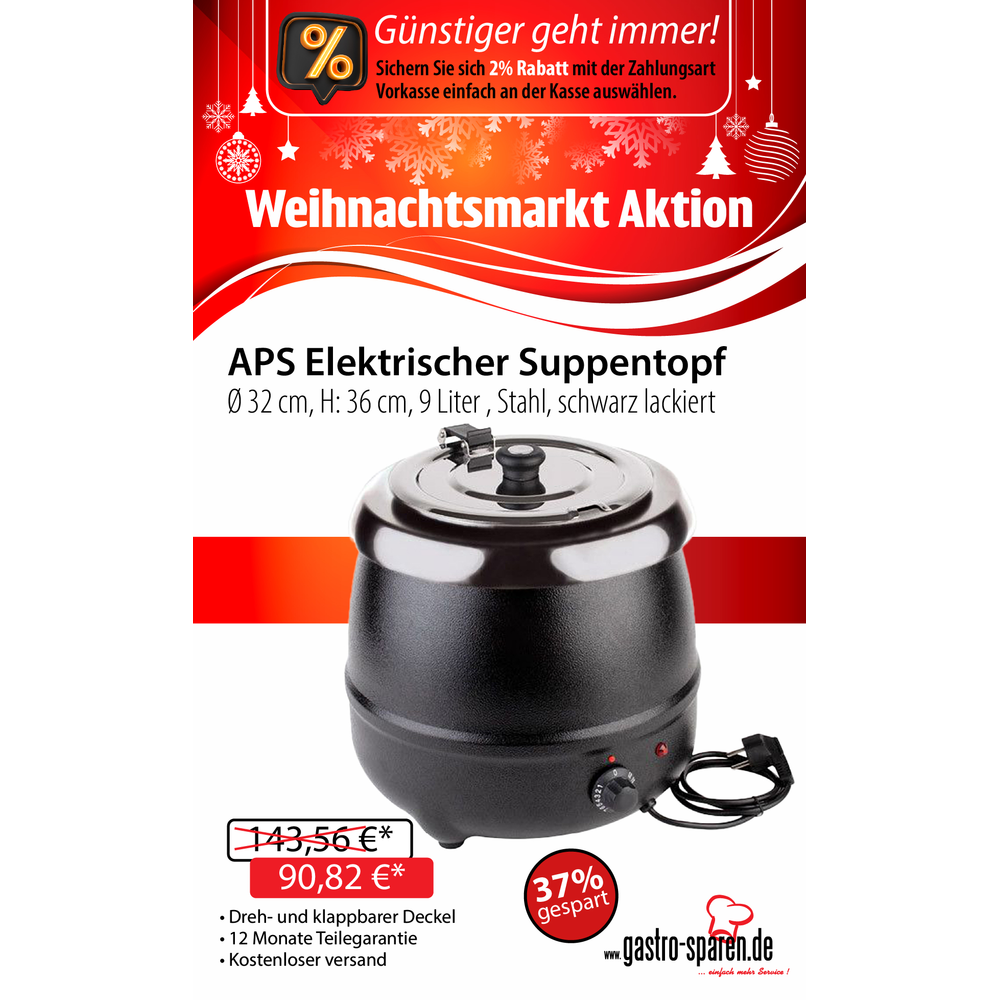 APS Elektrischer Suppentopf Ø 32 cm, H: 36 cm, 9 Liter , Stahl, schwarz lackiert