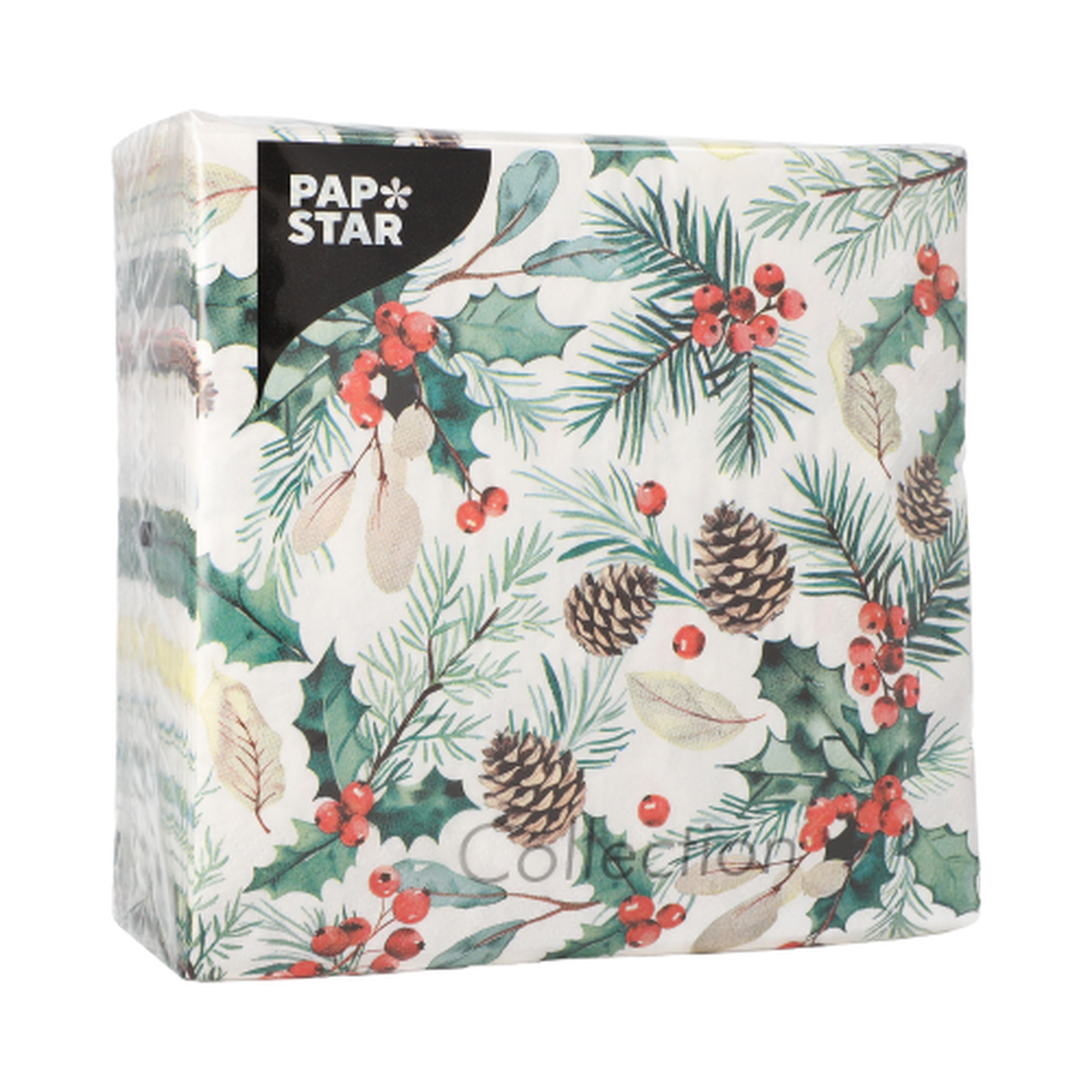Papstar Servietten, 3-lagig 1/4-Falz 33 cm x 33 cm "Mistletoe and Pinecone"