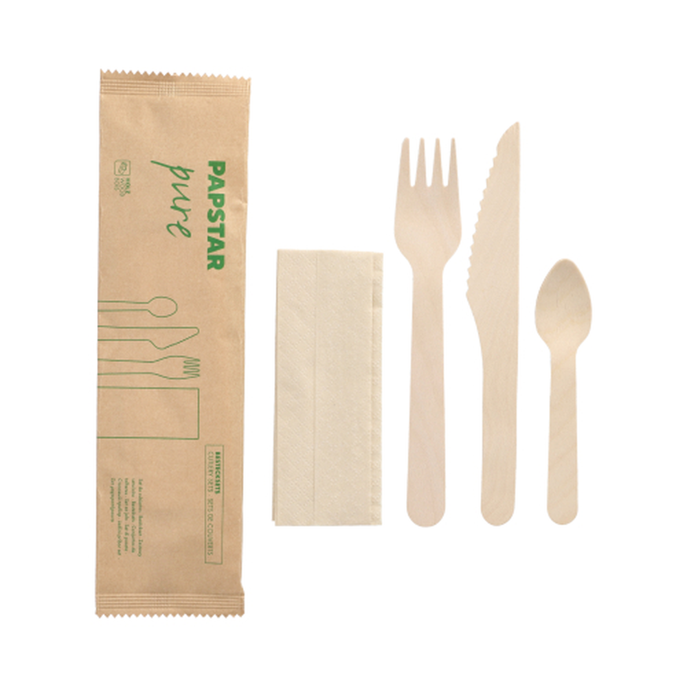 PAPSTAR Bestecksets Holz pure : Messer, Gabel, Kaffeelöffel, Serviette in P