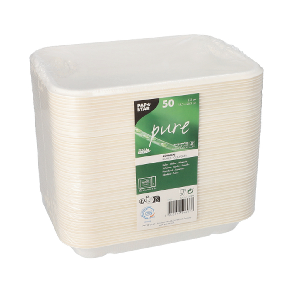 Papstar Schalen, Zuckerrohr "pure" ungeteilt 3 cm x 15,3 cm x 20,3 cm weiss
