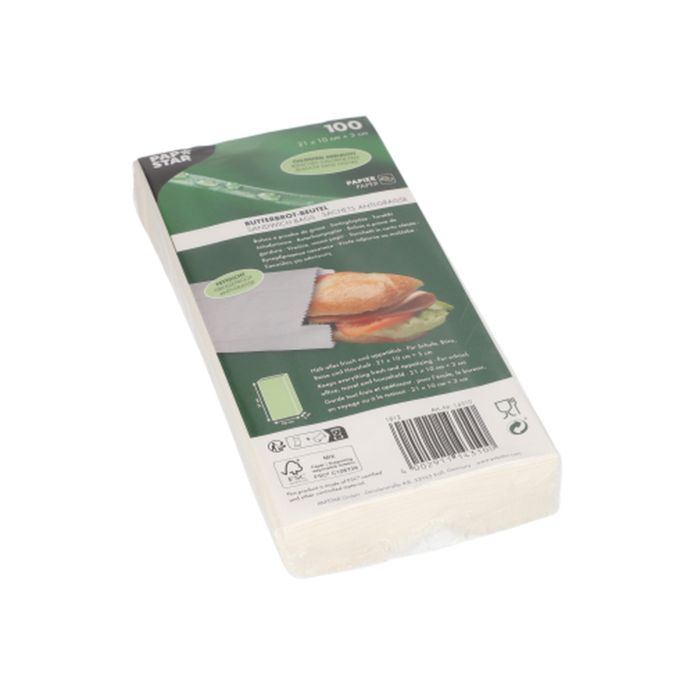 Papstar Butterbrotbeutel 21 cm x 10 cm x 3 cm weiss , fettdicht