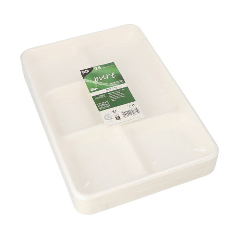 Papstar Menü-Trays, Zuckerrohr "pure" 5-geteilt 2,4 cm x 21,6 cm x 31,7 cm weiss