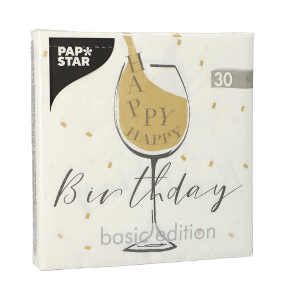 Papstar Servietten, 3-lagig 1/4-Falz 33 cm x 33 cm weiss "Happy Birthday"