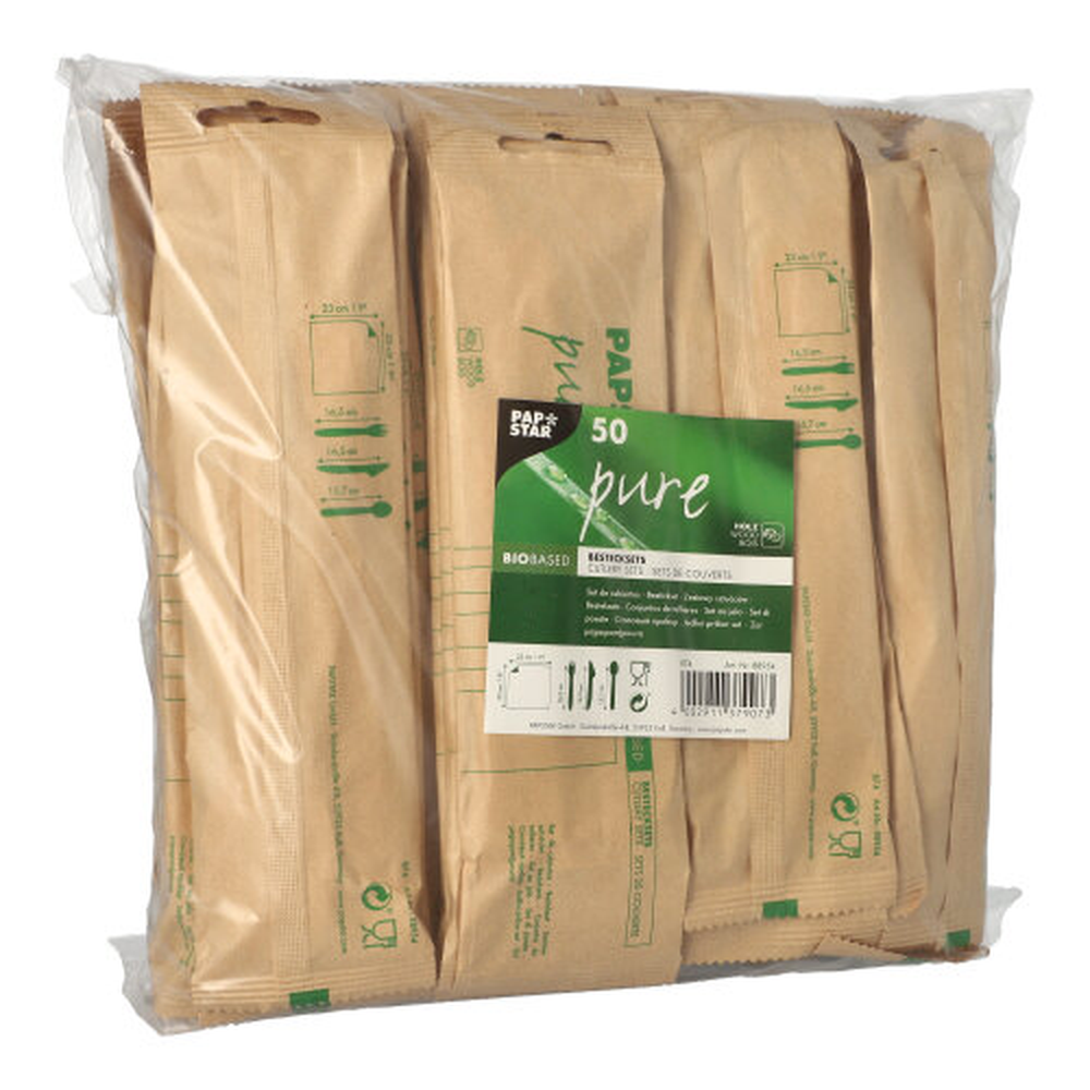 PAPSTAR Bestecksets, Holz pure : Messer, Gabel, Löffel, Serviette in Papier