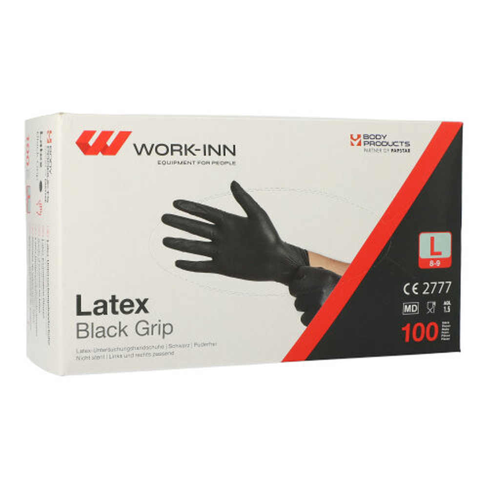 Papstar "WORK-INN/PS" Handschuhe, Latex puderfrei "Black Grip" schwarz Größe: L
