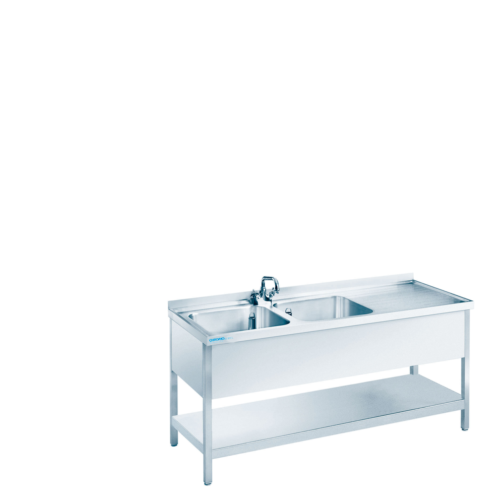 Chromonorm Spültisch mit 2 Becken links und Zwischenboden - 1500x600x850/900 mm