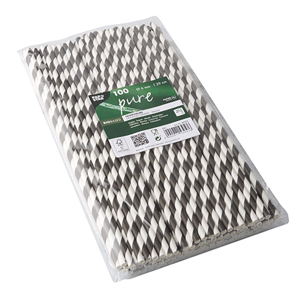 Papstar Trinkhalme, Papier Ø 6 mm · 29 cm schwarz/weiss "Stripes"
