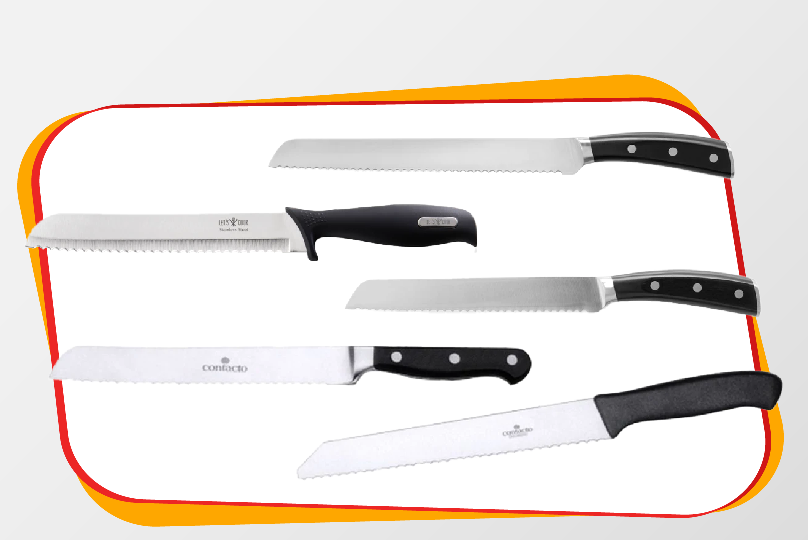 kitchen knife, serrated blade, stainless steel, black handle, bread knife