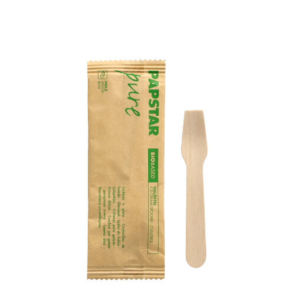 Papstar Eislöffel, Holz "pure" 9,4 cm einzeln verpackt in Papierbeutel