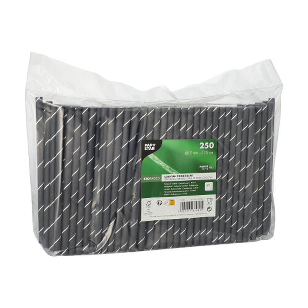 Papstar Cocktail Trinkhalme, Papier Ø 7 mm · 15 cm schwarz/weiss "Stripes"