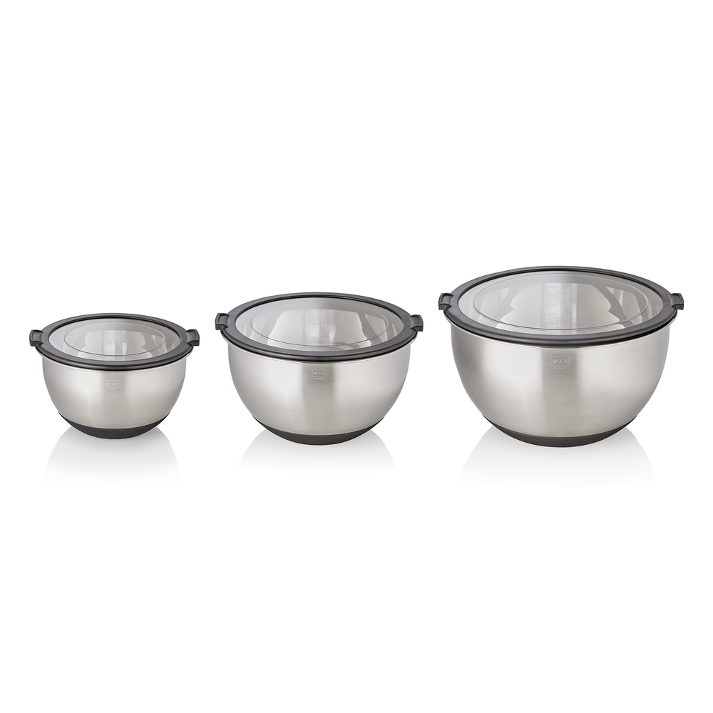 WAS Schüssel Set, 3-teilig, Ø 11/13/15 cm, 3 Deckel, rutschhemmender Boden, Chro