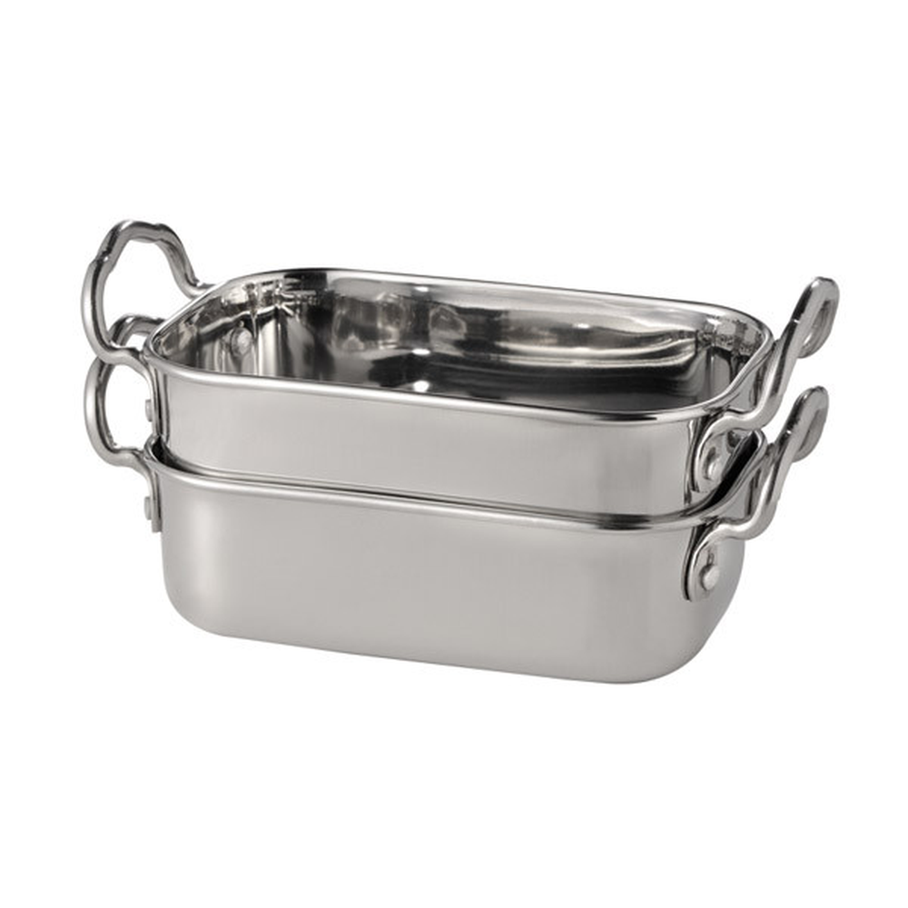APS Mini-Servierpfanne 14,5 x 9,5 cm, H: 4,5 / 6,5 cm, Edelstahl, Griffe je 1,5 