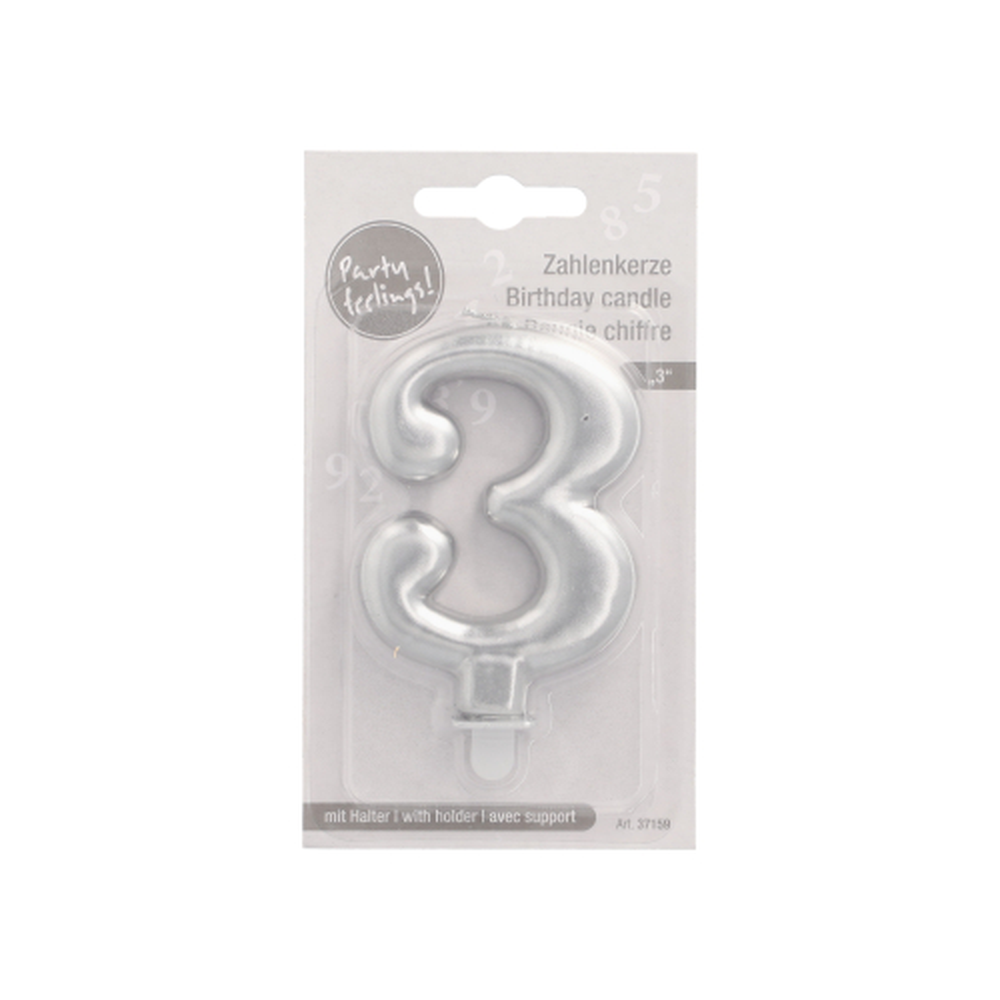 Papstar Zahlenkerze mit Halter 7 cm silber "3"