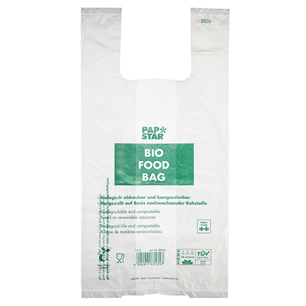 PAPSTAR Hemdchen-Tragetaschen, Bio-Folie 55 cm x 28 cm x 20 cm transparent K