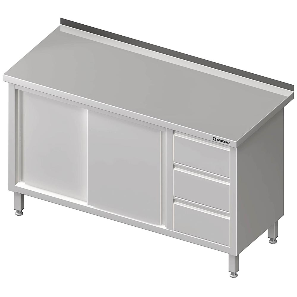 Stalgast Arbeitsschrank mit Schiebetüren, 1500x700x850 mm, mit 3er Schubladenblo