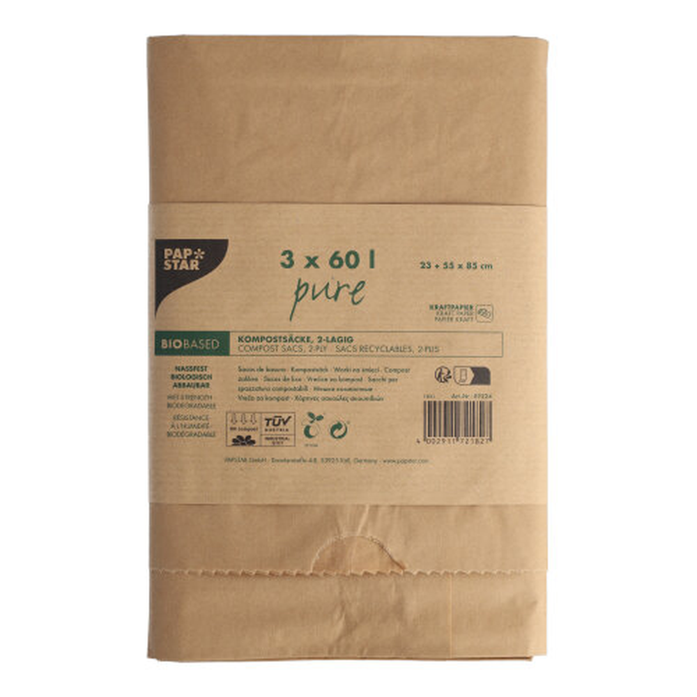 PAPSTAR Kompostsäcke aus Papier pure 60 l 85 cm x 55 cm x 23 cm braun , 2-l