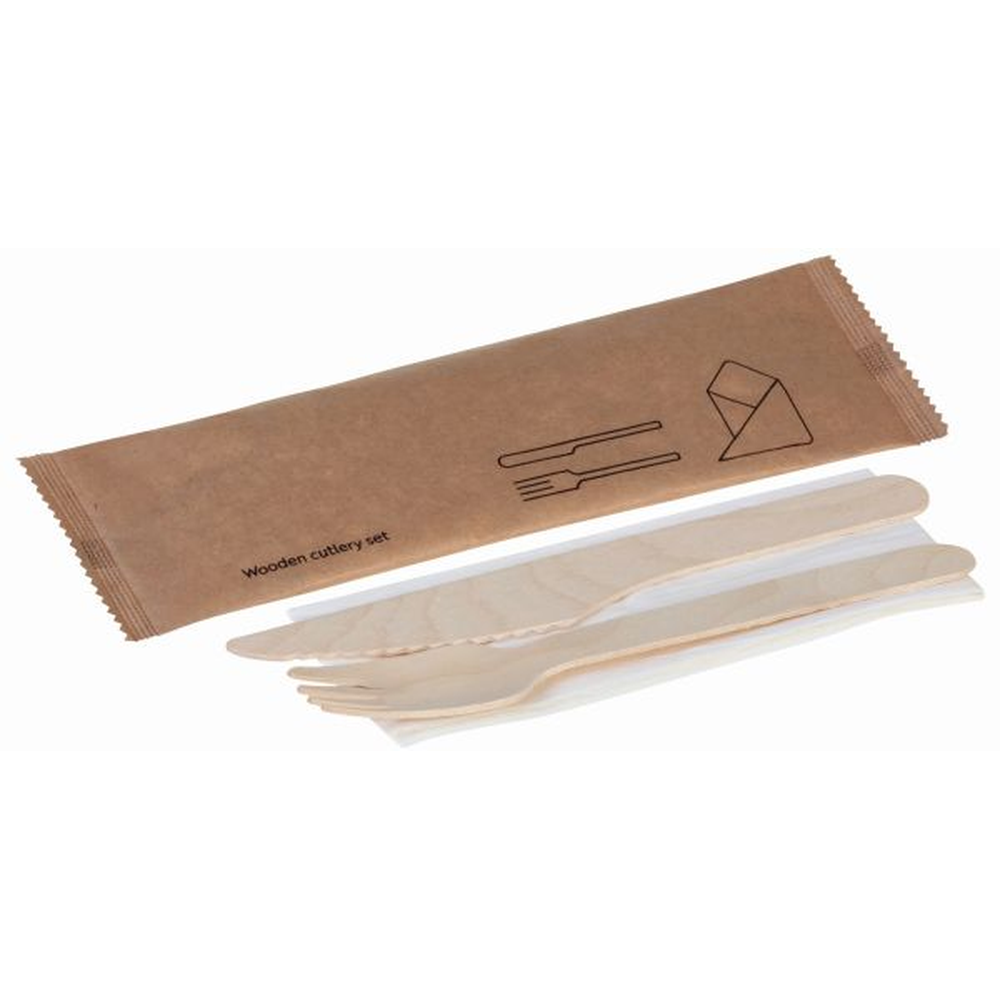 Pacovis Besteckset Holz, 3-tlg., Gabel, Messer, Serviette