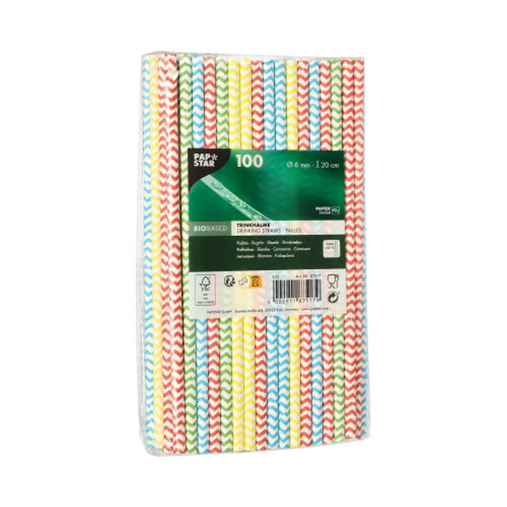 Papstar Trinkhalme, Papier Ø 6 mm · 20 cm farbig sortiert "Zig-Zag"