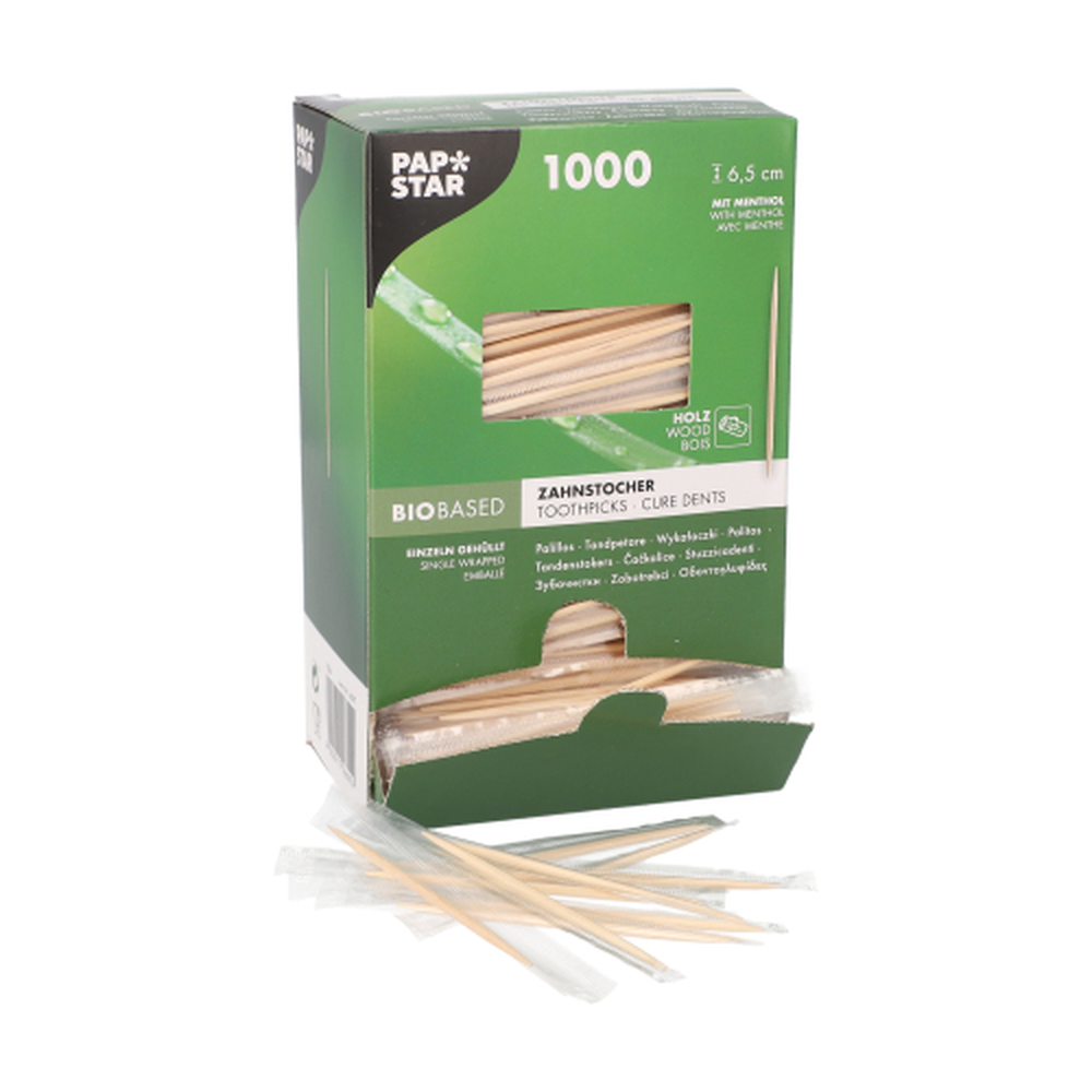 Papstar Zahnstocher, Holz gehüllt rund 6,5 cm mit Menthol